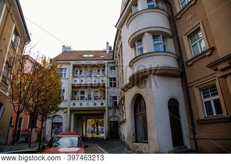 Narrow Picturesque Street With Colorful Buildings In Old Historic Center Of Kolin, Art Nouveau Moder