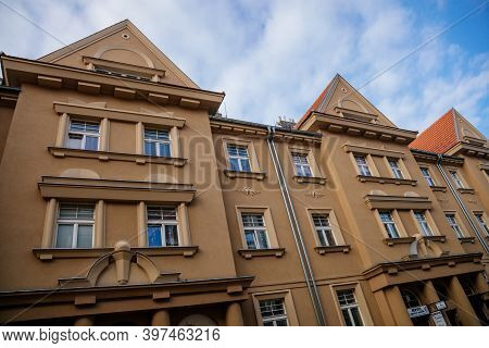 Narrow Picturesque Street With Colorful Buildings In Old Historic Center Of Kolin, Art Nouveau Moder