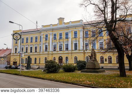 District Court, Yellow Building In Classical Style, Monuments Of Kolin In Autumn Day, Central Bohemi