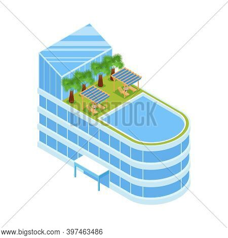 Isometric Yacht Club Composition With View Of Boat Shaped Building With Roof Chill Zone Vector Illus