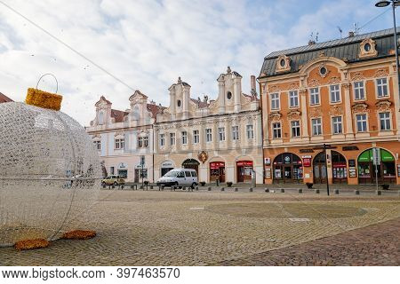 Main Town Charles' Square With Baroque Historic Houses With Stucco, Christmas Decorations In Kolin, 