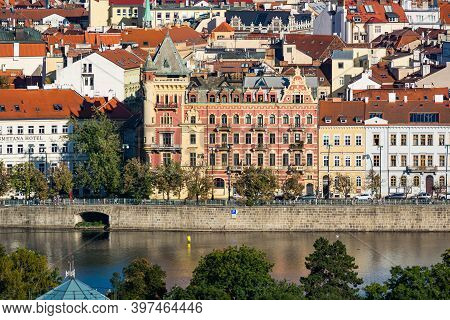 Prague, Czech Republic - September 19, 2020. Smetanovo Nabrezi - Smetana Riverbank During Coronaviru