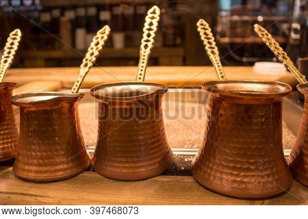 Cezves Copper For Brewing Turkish Coffee Closeup