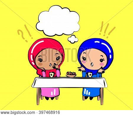 Muslim Women In Headscarves Sit And Talk. Cartoon. Vector Illustration.
