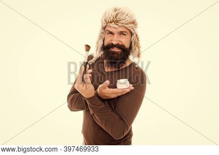 Professional Cosmetics. Stylist Career. Applying Makeup Face Tone. Powder Cosmetics. Man Bearded Sty
