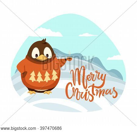 Merry Christmas Penguin With Cup Of Coffee Scenery Behind Vector. Animal Wearing Warm Knitted Sweate