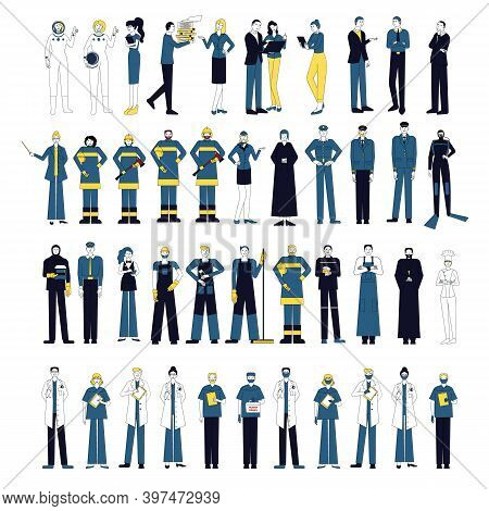 Collection Of Female And Male Workers Of Different Professions. Bundle Of People Of Various Occupati