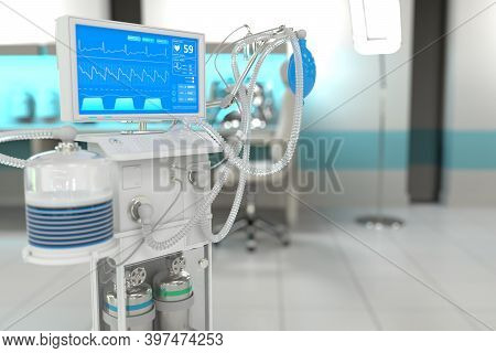 Medical 3d Illustration, Icu Artificial Lung Ventilator With Fictive Design In Bright Clinic With Bo