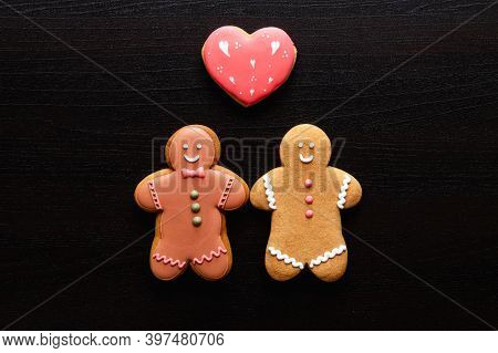 Gay Love. Valentine Day. Black Conceptual Background. Romantic Relationship. Happy Gingerbread Man C