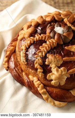 Korovai On Tablecloth, Closeup. Ukrainian Bread And Salt Welcoming Tradition