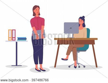 Businesswomen Discussing, Talking About Project, Office Workers, Colleagues Communicating, Sitting A