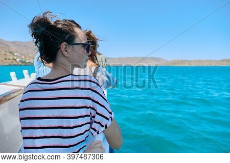 Sea Excursions, Trip On A Motor Boat, Girl Teenager Face In Profile Enjoying The Seascape