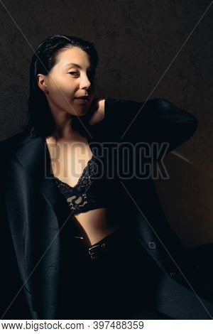 Sexy Portraits Of Young Woman In Jacket And Bralette