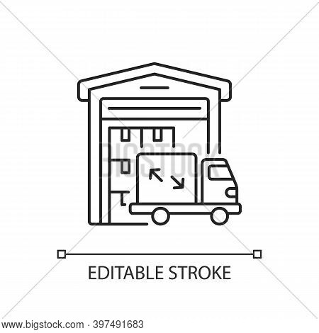 Warehouse Facilities Linear Icon. Freight Trucking Business, Commercial Shipping Services Thin Line 