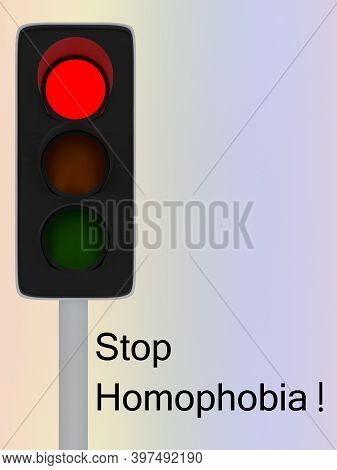 3d Illustration Of Red Traffic Light Along With The Text Stop Homophobia, 
Isolated Over Bllured Lgb