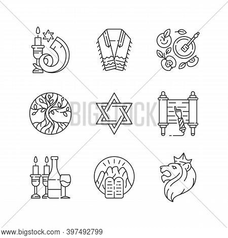 Judaism Symbols Linear Icons Set. Shofar, Shophar. Jewish Prayer Shawl. Apples And Honey Pot. Life T