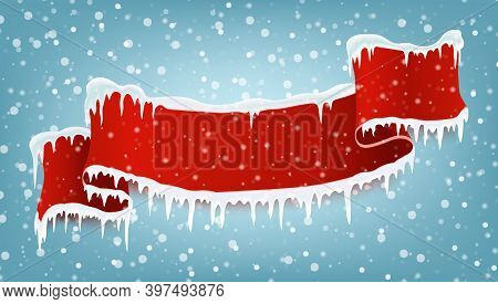 Red Realistic Ribbo With Winter Icicles And Falling Snow. Space For Text Christmas Banner. Vector Il