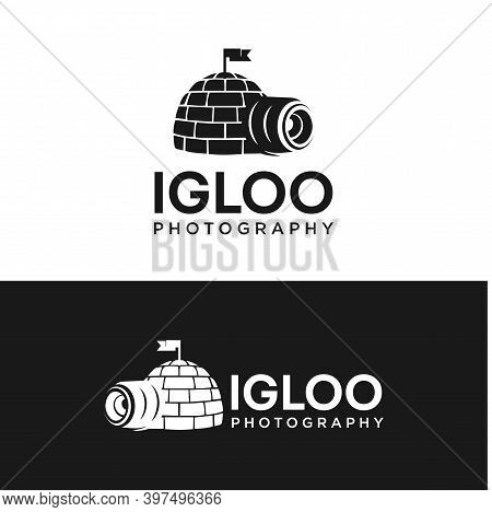 Igloo House With Photography Camera Lens Logo Design Template Vector With A Black And White Backgrou