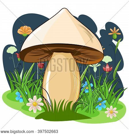 White Mushroom Against The Background Of A Night Flowering Meadow. Cartoon Flat Style. Landskape Wil