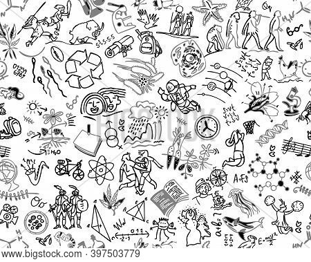 School Notebook Cover. School-themed Pattern, Simple Icon Outline, Black Outline On White Background