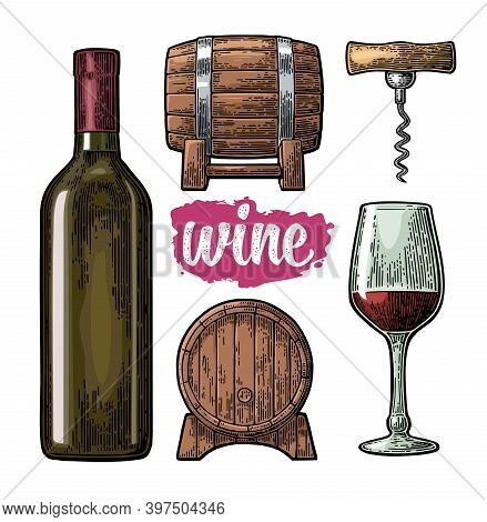 Wine Set. Bottle, Glass, Corkscrew, Barrel. Color Vintage Engraved Vector Illustration Isolated On W