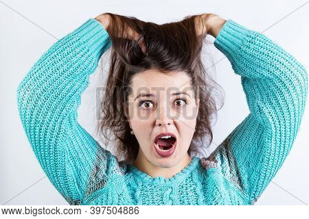 Shoked Girl With Pop Eyes. Standing Up Hair.