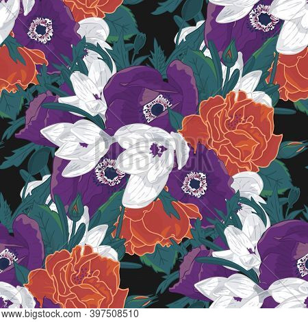 Colorful Floral Seamless Pattern With Hand Drawn Rose, Poppy And Crocus Flowers On Black Background.