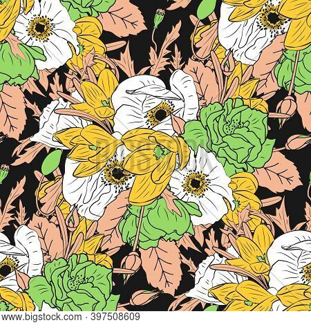 Colorful Floral Seamless Pattern With Hand Drawn Rose, Poppy And Crocus Flowers On Black Background.