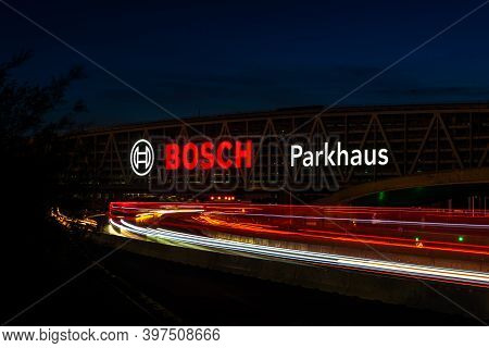 Stuttgart, Germany - May 26, 2020: Huge Bosch Letters At The Stuttgart Airport Parking Garage With L