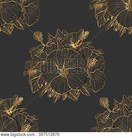 Golden Floral Seamless Pattern With Hand Drawn Hibiscus Flowers On Black Background. Stock Vector