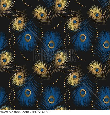 Abstract Seamless Pattern With Peacock Feathers On Black Background. Stock Vector