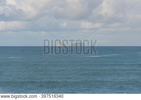 Berlengas Island Seen From Cabo Carvoeiro Cape In Peniche And Atlantic Ocean Waves, In Portugal