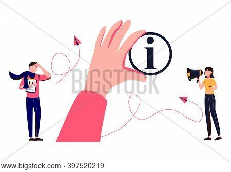 Info Symbol With Information Stand For Support And Help Tiny Persons Concept. Customers Place For Da