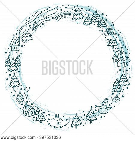 Winter Frame With Elements In A Circle - Trees, Villagehouses, Snow, Fox, Isolated On White Backgrou