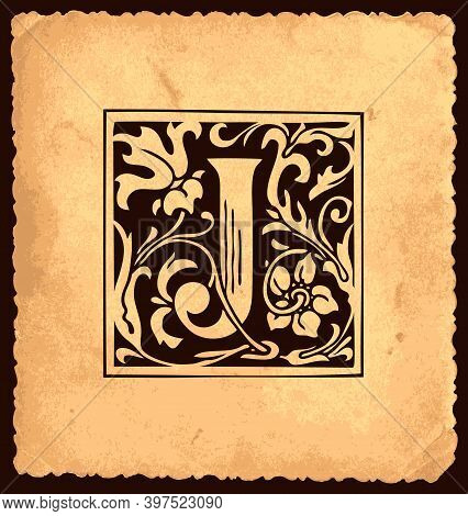 Black Initial Letter J With Baroque Decorations On An Old Paper Background In Vintage Style. Beautif
