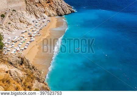 Aerial View Of Kaputas Beach In Kas, Kalkan, Antalya, Turkey. Lycian Way. Summer And Holiday Concept