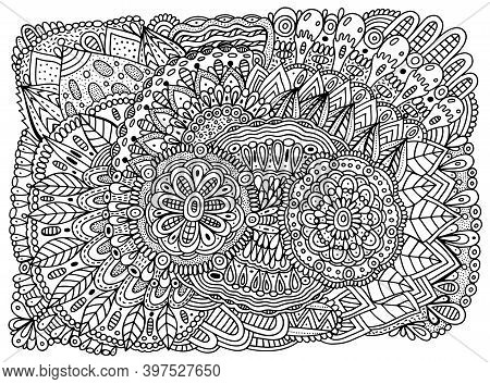 Floral Mandala Ornament With Flowers And Leaves. Doodle Ornated Coloring Page For Adults. Abstract T