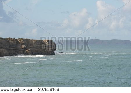 Berlengas Island Seen From Cabo Carvoeiro Cape In Peniche And Atlantic Ocean Waves, In Portugal