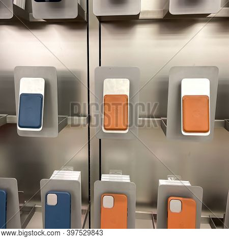 Orlando, Fl Usa-november 20, 2020: An Apple Store Display Of Colorful Iphone Magsafe Wallets.