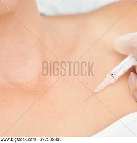Near Eye Injection At Spa Salon. Doctor Hands. Closeup. High Quality. Pretty Female Patient. Beauty 