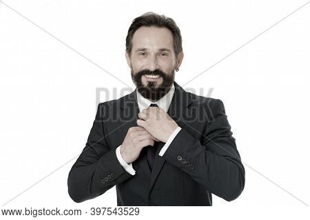 Business Man Bearded Mature Formal Suit Adjust Accessory. Businessman Or Manager Prepare Outfit. Bus