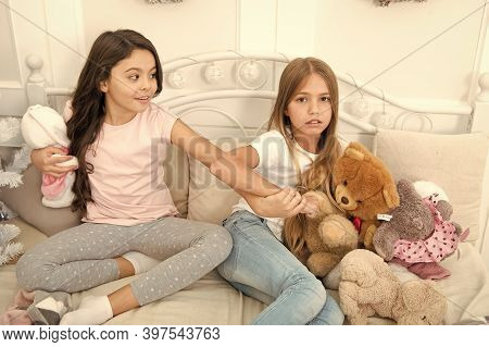 Toys Shop. Cute Soft Toys. Generosity And Greediness. Give It To Me. Kids Play Toys Bed. Little Girl
