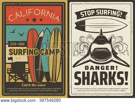 Surfing Camp And Shark Danger Warning Retro Poster. Surfboards And Ocean Safety Lifeguard Observatio