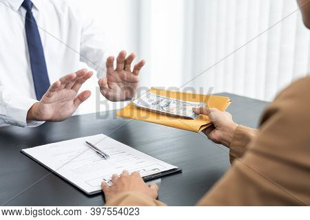 Businessman Partner Hand Gesture Rejecting Refusing Money, Anticorruption Concept