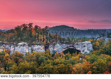 Daniel Boone National Forest, Kenucky, USA at the Natural Arch at dusk in autumn.