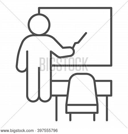 Teacher Near Blackboard And Desk Thin Line Icon, School Concept, Teacher With Pointer And Board Sign