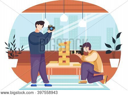 Photographer Takes Photos Of A Man Playing Jenga In Cozy Living Room Atmosphere In The Evening. Hobb