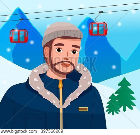 Traveler Young Bearded Man Resting In A Ski Resort Stands Against The Backdrop Of Snowy Hills And A 