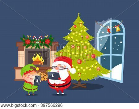 Santa And Eve Standing Near Fireplace Decorated Spruce Branch, Candy Cane And Pine Cone. Claus And P