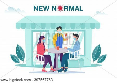 New Normal Concept Illustration With Male And Female Sitting At Outdoor Cafe Or Restaurant Tables Wi